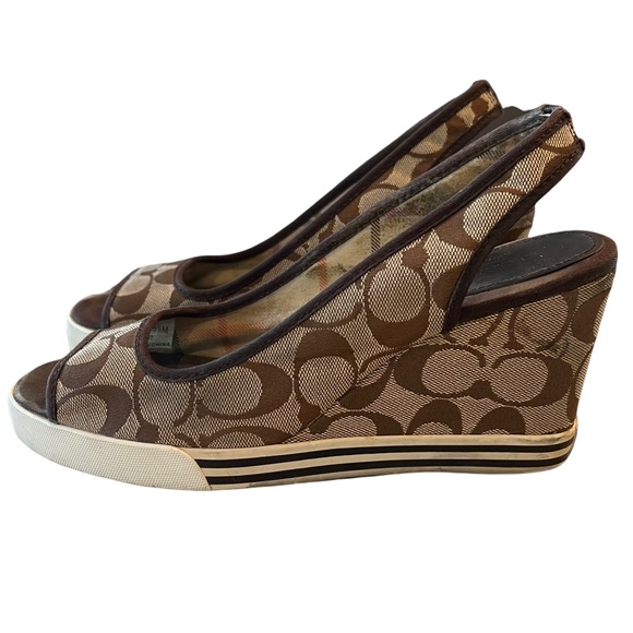 Women’s Genuine Coach Sydney Monogram Peep Toe Wedges 8.5 Brown Tan - Picture 3 of 15
